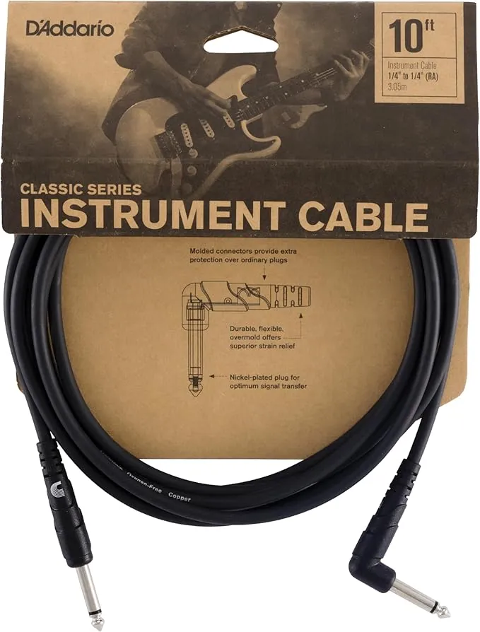 Planet Waves Cable de guitarra D'Addario - Cable para Instrumentos de la serie Classic -1/4 Pulg Macho a 1/4 Pulg Macho - 3.048 Metros - Right Angle - 1-Paquete