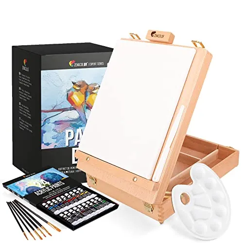 Kit Pintura con 34 piezas - 24 Tubos de Pintura Acrilica, 6 Pinceles Pintura, Lienzo para Pintar 24x30cm, 1 Caballete Pintura, Espátula y Paleta Pintura