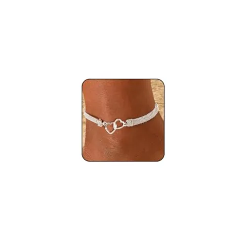JOOTUEPO Tobilleras de Plata para Mujer Ajustable Corazón Cadena Plana de Cristal en Forma de Corazón Tobilleras Dobles Joyas de Pie de Playa Tobillera Regalos para Mujeres Adolescentes Niñas