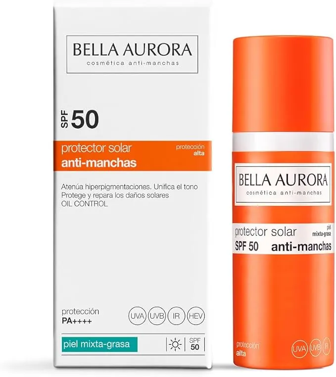 BELLA AURORA - Protector Solar SPF 50+ - 50 ml, para Piel Mixta-Grasa, Crema Solar, Facial Antimanchas, Crema Protectora Solar, Bloqueador Solar, Absorción Rápida, Calma la Piel, Uso Diario