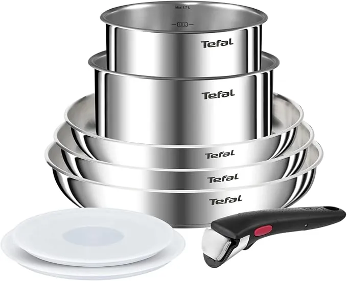 Tefal Ingenio Emotion - Juego de 3 Sartenes 22/26/28 cm + 2 Cazos 16/18 cm + Mango extraíble + 2 Accesorios, Apto inducción, sin antiadherente,acero inoxidable, apto lavavajillas y horno