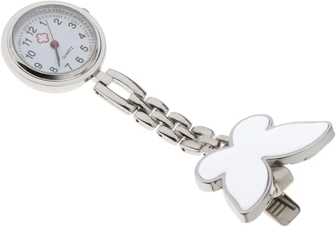 zalati Reloj de enfermera con clip para reloj de cuarzo, diseño de mariposa, para mujer, color blanco, Moderno