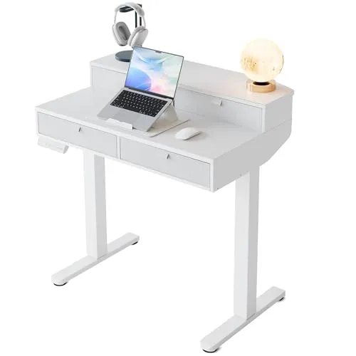 HUANUO Escritorio Elevable 80 x 53 cm con Cajones de Tela 4 Niveles Memor | Comp con Abraz C, Escritorio Ajustabl en Altura para Sentado/De Pie