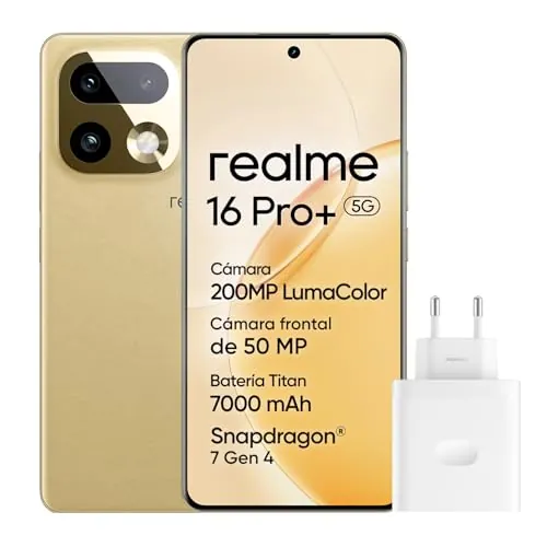 realme 16 Pro+ 5G Smartphone, 8GB+256GB, Pantalla Curva AMOLED 144Hz 6,8", Batería 7000mAh, Cámara 200MP OIS, IP69K, Carga Rápida 80W, Dual SIM, Next AI, Oro (con Adaptador)