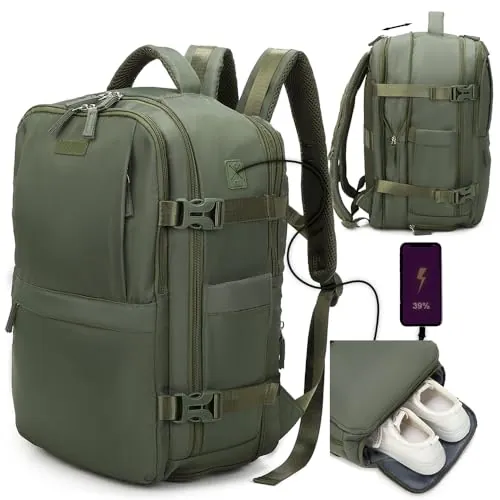 1990s Mochila de viaje cabina expandible para Ryanair 40x25x20-25cm,con bolsa de zapatillas,mochila casual impermeable extensible compatible con portátil 14"- VerdeMilitar