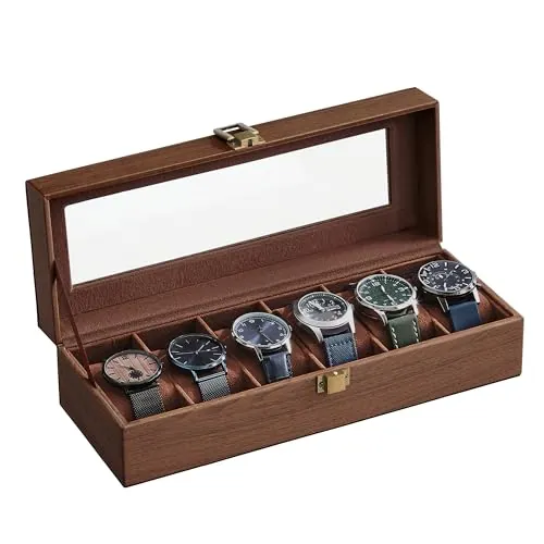 SONGMICS Caja de Relojes con 6 Compartimentos, Estuche de Relojes con Tapa de Cristal, Cojín Extraíble, Cierre Metálico, Regalo, Cuero Sintético Marrón y Forro Marrón JWB006K01