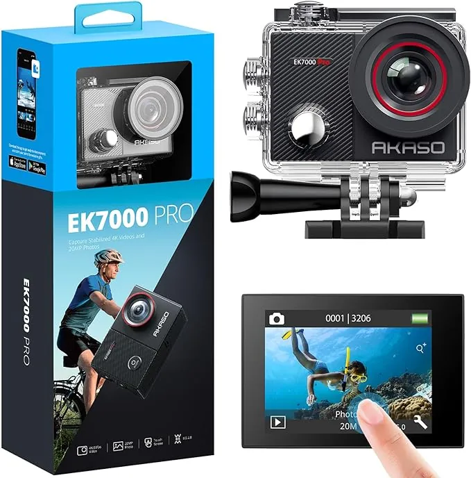 AKASO EK7000 Pro Cámara Deportiva 4K WiFi 20MP, Cámara Sumergible Acuática 40M Impermeable, Cámara de Acción EIS con Control Remoto Ángulo Ajustable Multi Accesorios para Buceo Ciclismo Surf