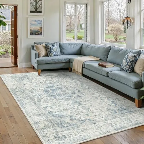 PureCozy Alfombra Salon 160x230cm Azul Lavable Vintage