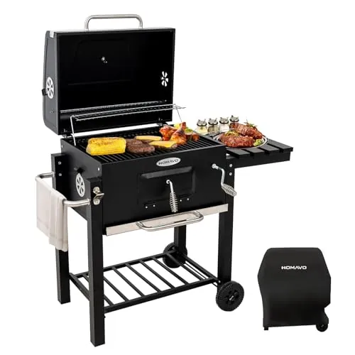 HOMAVO Barbacoa de Carbón, Parrilla con Tapa de Acero de 56×42,5 cm, Bandeja Ajustable en Altura, Mesa Lateral Plegable, Incluye Funda