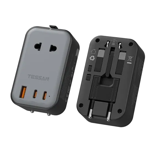 TESSAN Adaptador Enchufe Universal Plano con 2 USB C,Negro Plateado | Enchufe Universal Viaje con 1 USB A y 2 USB C,Cargador Universal PD 20W para USA, UK, Japon y Austuralia