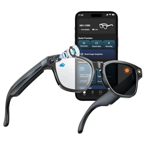 OBEST Gafas Bluetooth con cámara 1080P, gafas de sol inteligentes con grabación de foto/vídeo/audio, asistente de voz AI, traducción en tiempo real y telefonía Bluetooth
