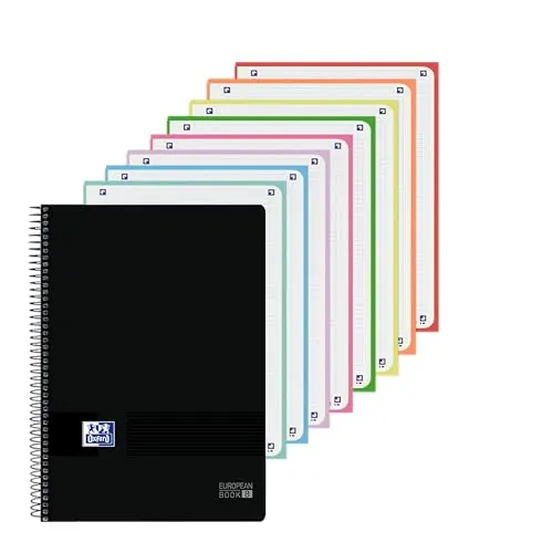 Oxford, Cuaderno A4 Cuadriculado 5x5, Tapa Plástico, 8 Recuadros de Color, Hojas Microperforadas, Color Negro