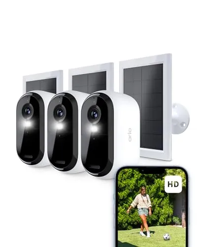 Arlo Essential 2 Camara Vigilancia WiFi Exterior + Panel Solar (3), HD, Camara Vigilancia WiFi Interior, Sensor de Movimiento, Alarmas Para Casa, Prueba Arlo Secure Incluida, 3 Cámaras, Blancas
