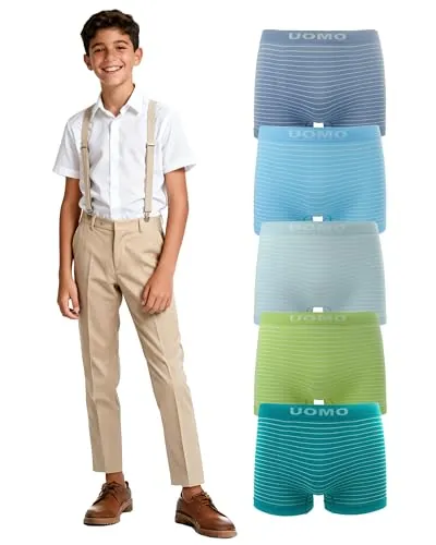 Channo Calzoncillos de Niño Sin Costuras: Boxer de Licra Suave para Niños y Adolescentes de 4 a 16 Años para el Colegio Instituto Deporte y Casa Pack de 5 (StripesB 12-14 años)