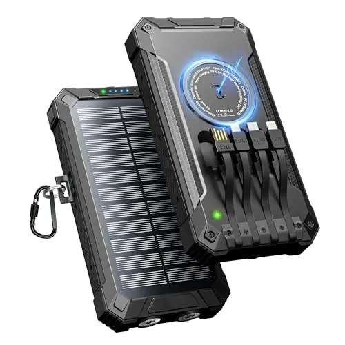 Power Bank Solar 26800mAh con 4 Cables, Inalámbrico USB-C 15W Carga Rápida