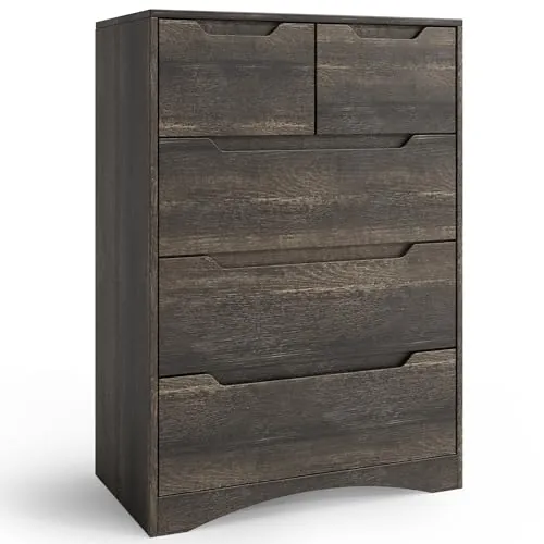 Blishom Cómoda con 5 Cajones, Cómoda para Dormitorio, Organizador Moderno, Mueble de Almacenamiento para Despacho, Salón, Pasillo, 72x41x94 cm (Marrón Oscuro)