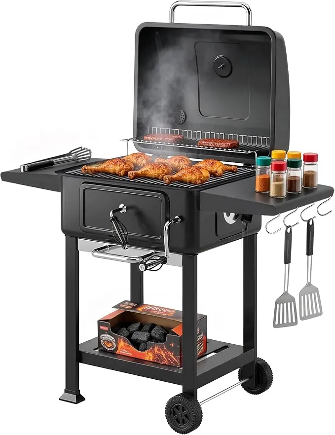 Outsunny Barbacoa de Carbón Portátil, Barbacoa de Carbón con Bandeja y Ventilación Ajustable, Gran Parrilla, Estantes Laterales, Termómetro, Tapa, Chimenea, Cajón de Cenizas, Ruedas, Puerta, Negro
