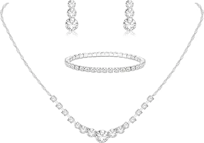 Juego de Joyas de Plata para Mujer Cristal Novia Collar Boda Pendientes y Pulsera Conjunto de Joyería de Diamantes de Imitación Compromiso Boda Novia Dama Honor de Regalo Joyería