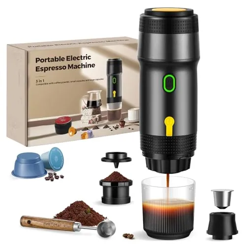 ICARE Cafetera Portatil Capsulas, Espresso Machine 3 en 1, 20BAR Presión, 92°C Extracción, Batería 7500mAh, Carga USB/Coche, para Café Molido y Cápsulas Pequeña/Grande (Negro)