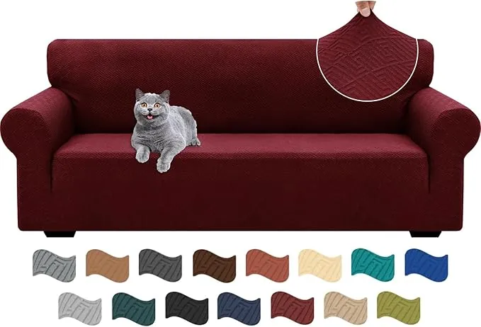 Ystyle Funda Sofa 3 Plazas Ajustable, Fundas para Sofa Elasticas, Funda De Sofa Anti Gatos Perros, Sofa Cover con Reposabrazos, Jacquard Fundas Cubre Sofa Ntideslizante Lavable, Burdeos