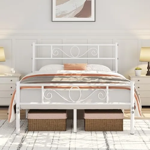 Yaheetech Cama Doble de Metal con Cabecera para Colchón 135x190cm Blanco