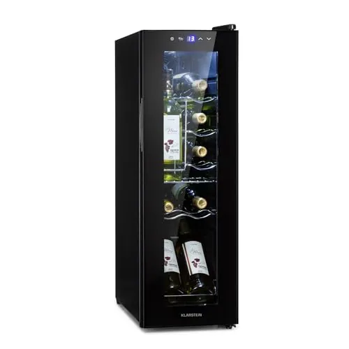 KLARSTEIN Shiraz Vinoteca Negro – 12 Botellas, 32 L, 1 Zona | Nevera para Vinos de Libre Instalación, Puerta de Cristal, Silenciosa, 5–18 °C, LED, Marco Inox