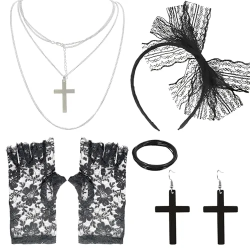 YSAOAKA 5 piezas 80 años Disfraz Mujer Accesorios Negro, Accesorios Vintage de los Años 80, Traje negro vintage diadema de encaje, aretes negros, guantes de encaje, Collar Pulsera para damas y niñas