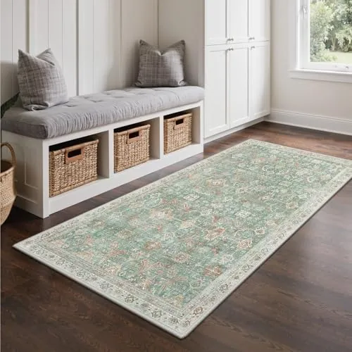 GENIMO Alfombra Persa Rosa para Salón, Alfombras Lavable y Antideslizante, Vintage de Pelo Corto para Dormitorio, Pasillo o Comedor, Decoración Moderna, 80X150CM, Verde