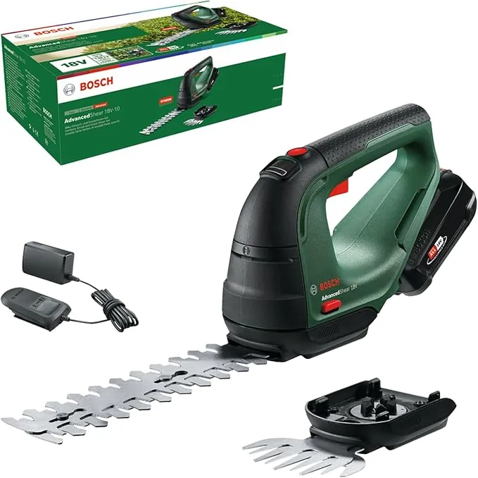 Bosch cortacésped/cortasetos a batería AdvancedShear 18V-10 (1 batería de 2,0 Ah, sistema de 18V, cortan hasta 85 m² por cada ciclo de batería, con cuchillas cortacésped y cortasetos, en caja)
