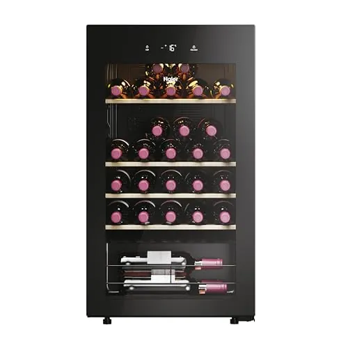 Haier Wine Bank 50 Series 3 HWS34GGH1 - Vinoteca 34 botellas, WIFI, Estantes de madera, Filtro Anti-UV, Filtro de carbón, Filtro de carbón, Display Digital, Iluminación LED, Silenciosa 37 dbA, Negra