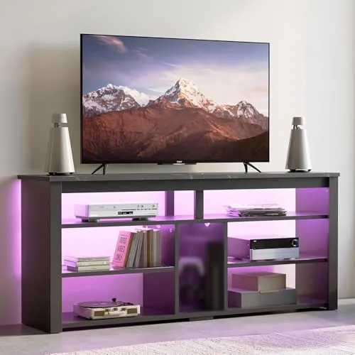 Bestier Mueble de TV Alto para televisores de 65", Soporte para TV con Almacenamiento para, Consola de TV LED con Estante Ajustable para Sala de Estar, mármol Negro