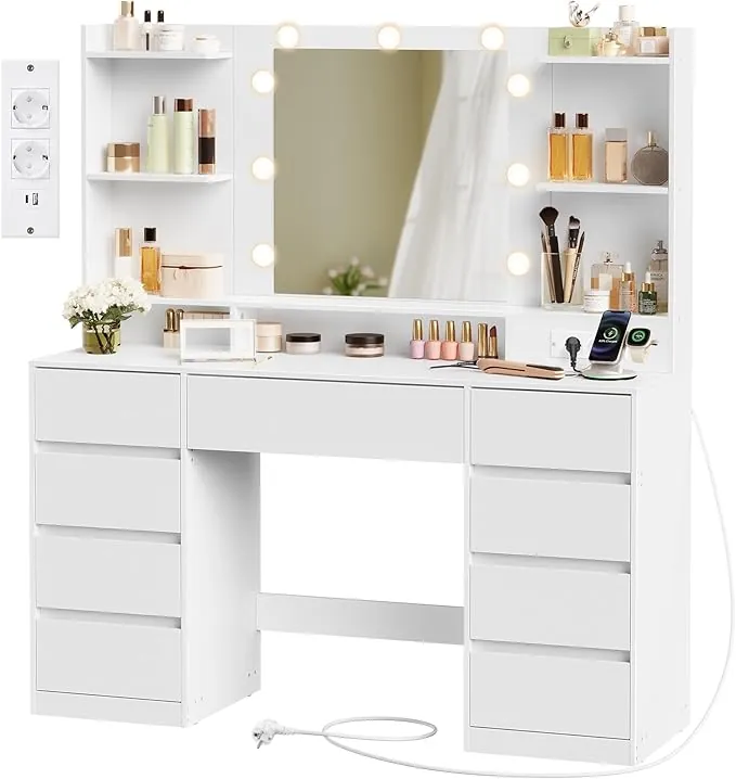 VASAGLE Kailyn Colección - Tocador con Espejo LED, Regleta, 9 Cajones, 9 Bombillas Regulables, Iluminación de 3 Colores, Montaje sin Herramientas, Blanco Nube RDT141WB02