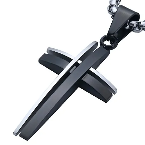 DonDon collar 52 cm con colgante cruz de dos colores de acero inoxidable para hombres en bolsa para joyas de color negro