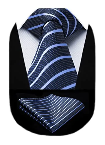 HISDERN Corbata Azul Rayas Hombre Pañuelo Elegante Clásico Modernas Corbatas Y Pañuelos Bolsillo Conjunto Para Boda Fiesta Colegio