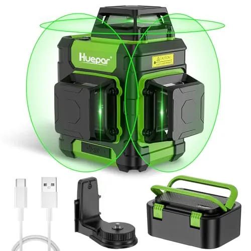 Huepar Nivel Láser Autonivelante 360 Grados, Nivel Láser 3D 360° Verde con Modo de Pulso, Kit con Soporte Magnético, Maletín Rígido y USB-C, para Construcción y Bricolaje - HM03CG