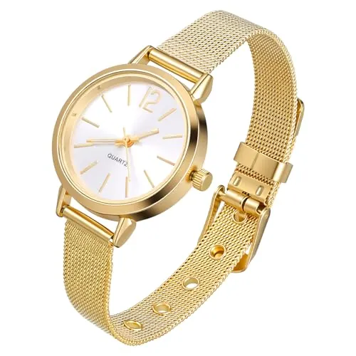 Hemobllo Reloj De Mujer con Correa De Malla Dorada Reloj De Cuarzo Elegante Y Minimalista Ideal para Uso Diario Y Estudiantes