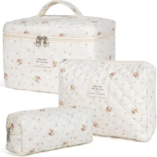Aucuu Set 3 Piezas Bolsa de Maquillaje de Algodón - Cosméticos Floral Acolchada para Viaje y Almacenamiento