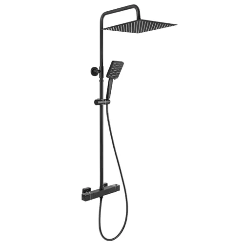 Auralum Columna Ducha Termostática Negro, Rociador 30 cm Acero Inoxidable 304, Alcachofa 6 Modos con Manguera Inox 150 cm, Barra Ducha Altura Ajustable, Distancia entre Orificios 78-112 cm