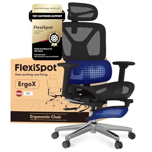 FLEXISPOT ErgoX Silla Escritorio con Reposapiés, Silla Ergonomica Escritorio con Soporte Lumbar, Respaldo 5D Ajustable, Inclinación 135°, Cojín Transpirable, Reposabrazos 3D, Ideal Oficina, Negro