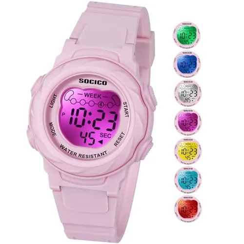 SOCICO Reloj Digital para niños y niñas, Resistente al Agua 5ATM, Reloj Infantil Iluminado con 7 Colores y cronómetro con Alarma para niños y niñas de 5 a 12 años. (Rosa)