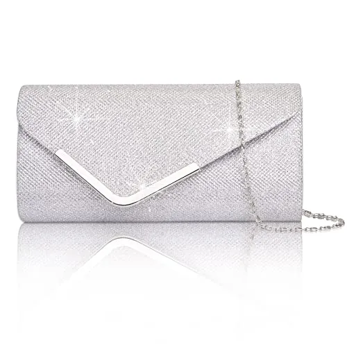 Larcenciel Bolso Mujer, Clutch de Noche Brillante con Cadena Desmontable, Bolsos de Mano de Lentejuelas con Purpurina, Bandolera Carteras para Fiesta Boda(Plateados)