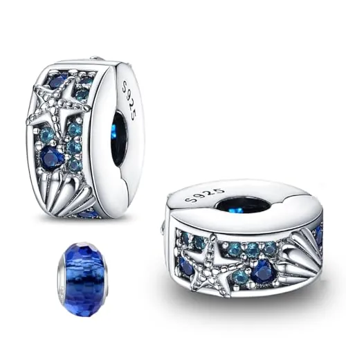 LNQOBU Clip/Stopper Abalorio para Pulsera de Plata de Ley 925 - Charm de Estrella y Luna con Pavé de Circonia Cúbica - Mariposa Azul - Joyería Regalo para Mujer