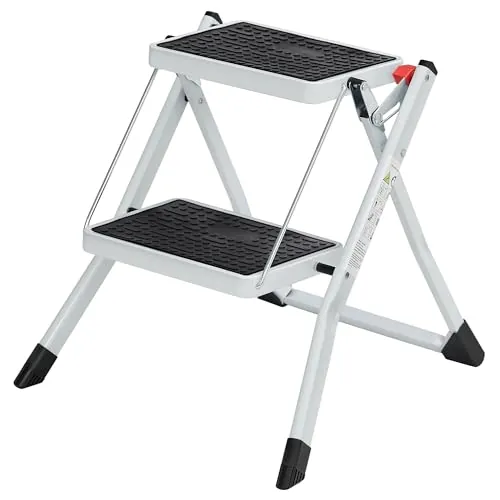 SONGMICS Escalera Plegable de 2 Peldaños, Escalera Pequeña, Acero, Plástico PP, Carga de 150 kg