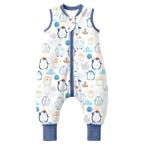 MIKAFEN Saco Dormir Bebé Otoño-Invierno 2.5 TOG Piernas Separadas 4-5 años | 100% AlgodóN, Cremallera Bidireccional Segura, Piernas Separadas MóViles, Lavable A MáQuina, ,Pingüino Azul