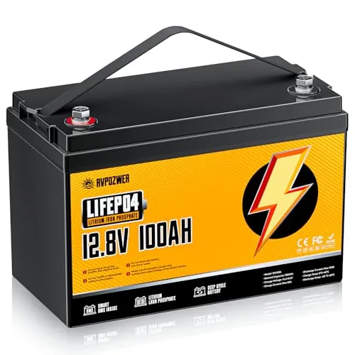 Rvpozwer 12V 100Ah Bateria Lifepo4, Batería de Litio con BMS de 100A y Protección contra Bajas Temperaturas, 18000 Ciclos, Baterías de 1280Wh para Autocaravanas, Caravanas, Barcos y Placas Solares