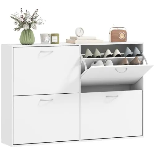 HOMCOM Zapatero Estrecho 4 Puertas para 16-24 Pares 120x24x81 cm Blanco