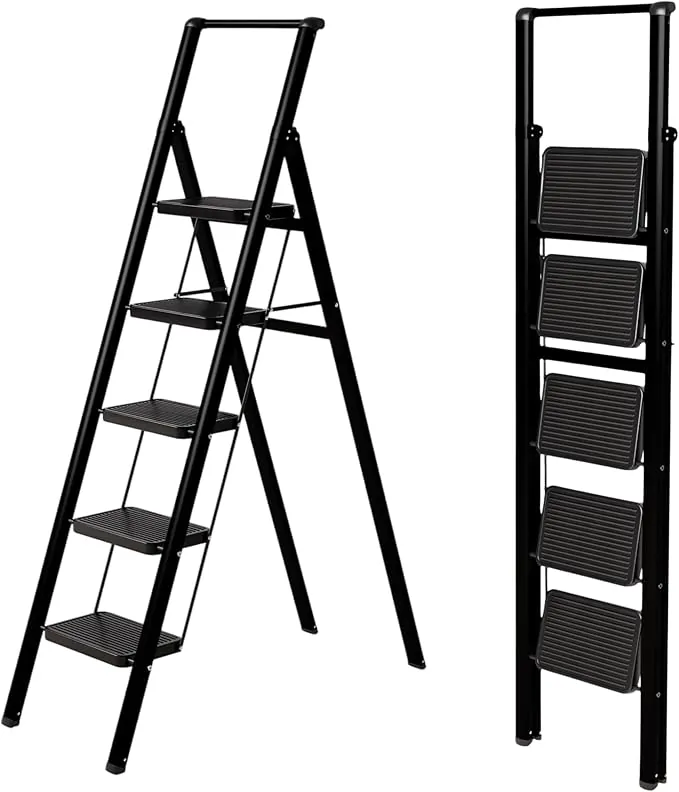 Escalera Plegable 5 peldaños Negra, Resistente y compacta 5 cm, peldaños Anchos Antideslizantes, certificada EN 131, 150 kg