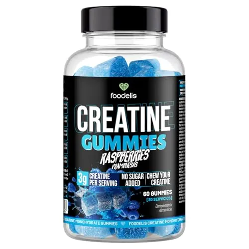 Foodelis Creatina gominolas | Creatina Monohidratada en Gominolas | 1,5 g por Gummy | Dosis 2 Gummies = 3 g (60 ud, Frambuesa azul)