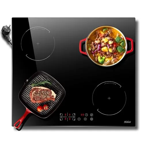 Hobsir Placa Inducción 4 Fuegos, Integrado con Enchufe, 60cm | Placa Induccion 3500W, 9 Niveles Potencia, Control Táctil, Temporizador, Seguro Para Niños, Cristal Negro