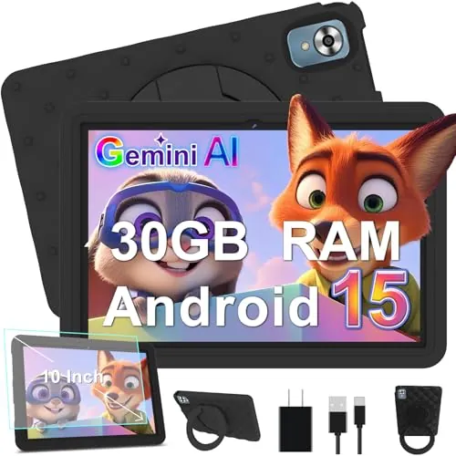 DMOAO Tablet para Niños 10 Pulgadas Android 15 con 30 GB RAM, 5G WiFi 6, Control Parental, 8-Core, 8MP + 5MP, 6000 mAh, Tablet Infantil con Funda Protectora EVA + Soporte 360° Giratorio, Negro